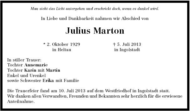 Marton Julius 1929-2013 Todesanzeige